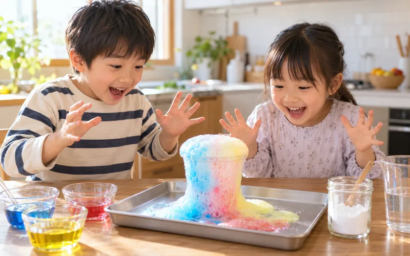 重曹お酢シュワシュワ実験で遊ぶ子ども