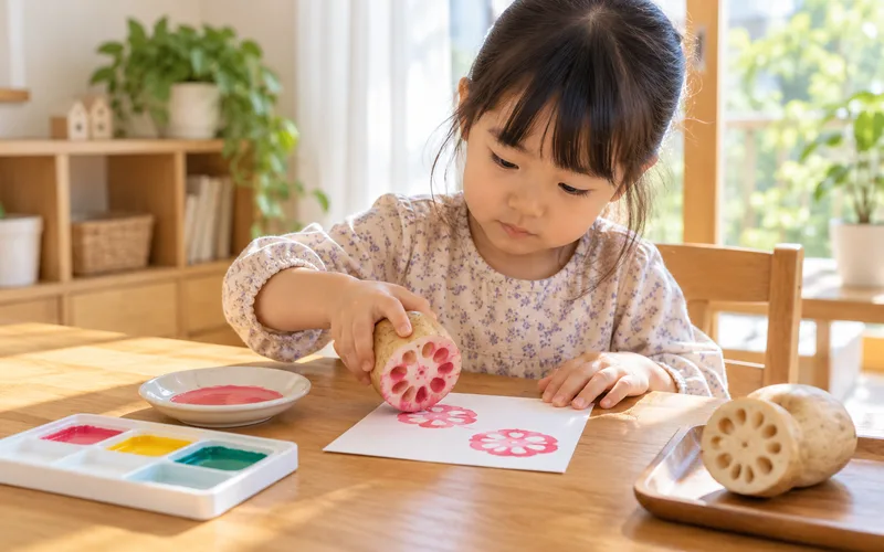 野菜スタンプの年賀状で遊ぶ子ども
