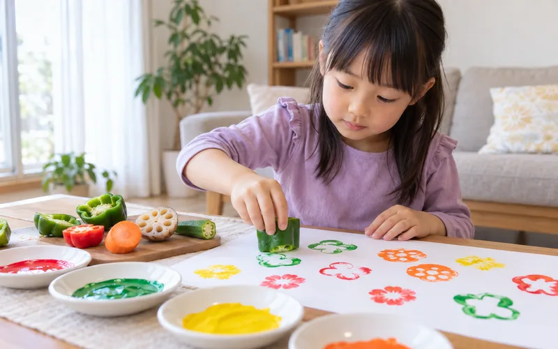 野菜スタンプ遊びで遊ぶ子ども