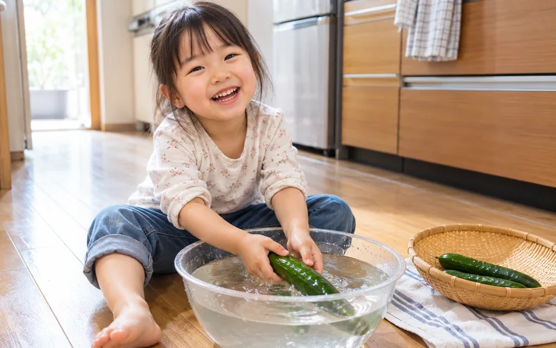 野菜洗いお手伝いごっこで遊ぶ子ども