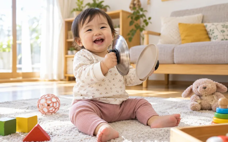 鍋ふたシンバル遊びで遊ぶ子ども