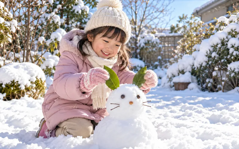 雪だるま・雪うさぎづくりで遊ぶ子ども