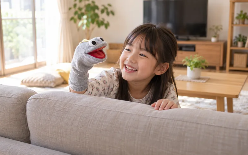 靴下パペット劇場で遊ぶ子ども