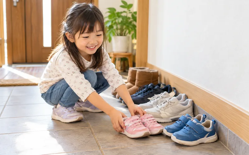靴並べお当番ゲームで遊ぶ子ども