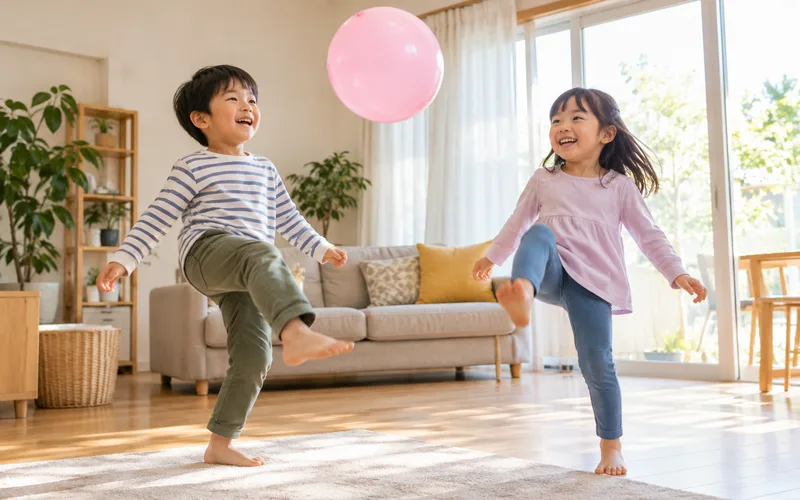 風船キック対決で遊ぶ子ども