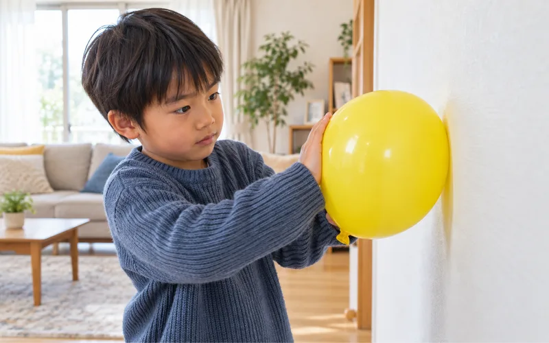 風船静電気くっつけ実験で遊ぶ子ども