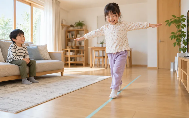 養生テープでバランス一本橋で遊ぶ子ども