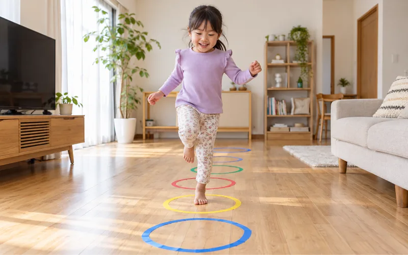 養生テープケンケンパで遊ぶ子ども