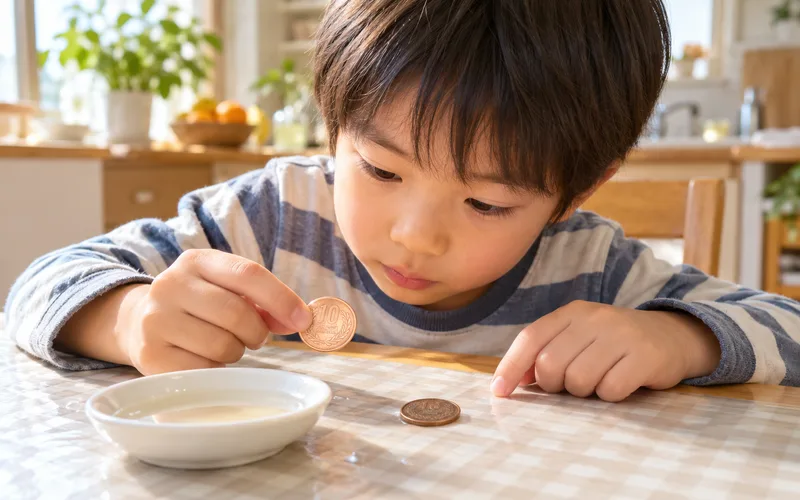 10円玉ピカピカ実験で遊ぶ子ども